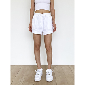 SWAGAL女装夏季新品法式复古街头白色纯亚麻高腰宽松休闲抽绳短裤