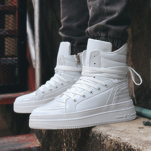 白色高筒靴子男士运动休闲高帮板鞋长筒男靴绑带美式高街复古板鞋