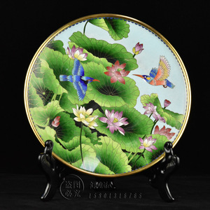 张向东景泰蓝花盘12寸翠鸟荷花观赏盘子北京特产手工艺品珐琅摆件