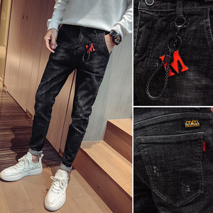 青年破洞刮烂乞丐裤男快手红人修身勒蛋小脚紧身裤子型男长裤b417