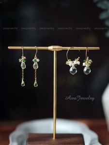 awajewelry原创手工[莫吉托]绿紫晶橄榄石透辉石14K包金自制耳环