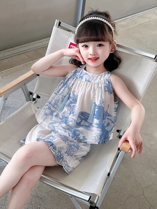 NEXT NAME 女童夏季新款中国风吊带裙短裤套装水墨画雪纺两件套