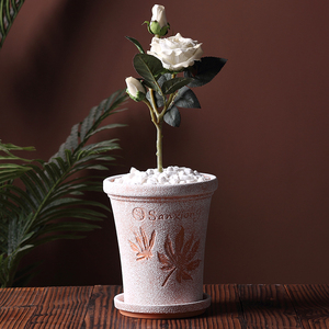 复古雪花浮雕高瘦玫瑰花盆做旧透气红陶花盆客厅庭院花园陶瓷陶土