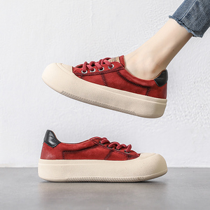 厚底大头鞋女复古酒红色板鞋2023新款女鞋春款软皮单鞋休闲运动鞋