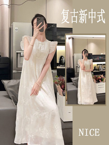 复古法式新中式少女感白色连衣裙女夏季新款温柔风气质收腰长裙子