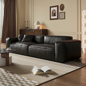 伯爵公馆豆腐块真皮沙发法意式复古风黑色客厅直排3米长4人位沙发
