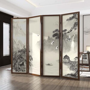 新中式实木折叠移动屏风隔断办公室酒店大厅茶室遮挡山水画可定制