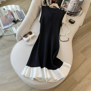 小香风夏季OL女装法式设计感黑白无袖冰丝针织连衣裙荷叶边打底裙