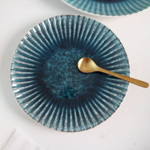 w1962新品欧洲设计款冰裂纹窑变色孔雀蓝西餐盘/纹理小盘大盘菜盘