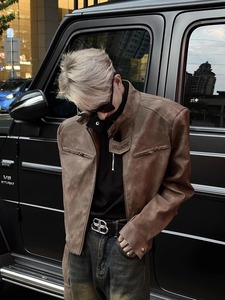 复古做旧棕色机车皮衣外套男春小众设计感美拉德色系短款垫肩夹克