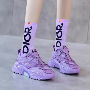 紫色袜子女ins潮超火网红中筒纯棉中长款堆堆袜春秋运动男女长袜