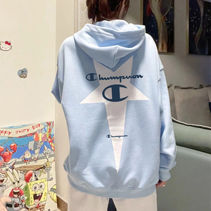 美版正品秋季冠军连帽卫衣女小众天蓝色星星印花oversize套头上衣