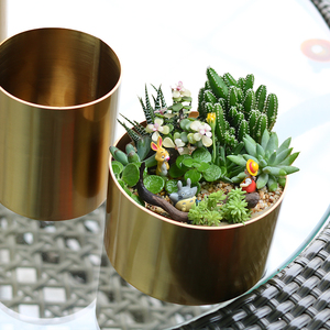 北欧花器 金属圆形花瓶 简约花盆 不锈钢 多肉摆件镀金色花盆小