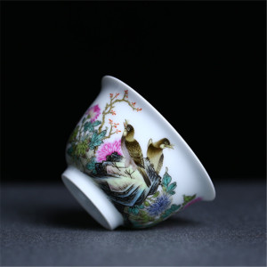 景德镇春风祥玉邹俊珍藏款 粉彩花鸟杯 名窑手绘粉彩茶杯品杯茶具