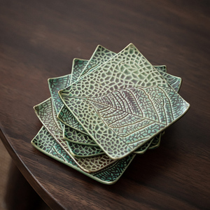 苏式陶瓷 绿菩提叶茶杯垫茶道功夫茶杯碟茶具配件6个礼盒装