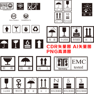 c17外包装箱三防小心易碎注意推放层向上怕湿安全标识标志矢量图