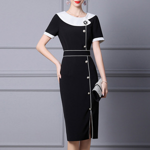 法式黑白撞色拼接连衣裙气质OL通勤国际品牌时尚女装欧美大牌高端