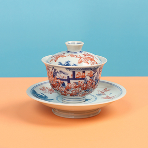 徐冬贵老师作品百子图盖碗景德镇陶瓷柴窑手绘青花釉下红三才盖碗