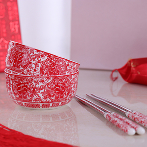 婚庆红色陶瓷碗筷套装喜庆筷子结婚用喜字鸳鸯双喜剪纸图回礼碗