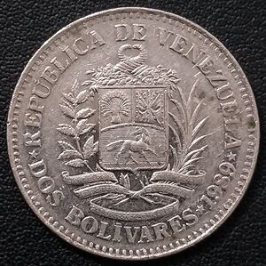 委内瑞拉1989年2玻利瓦尔镍币,27mm,外国硬币