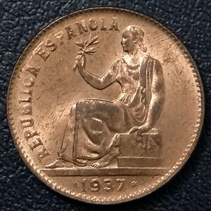西班牙1937年50分铜币,内战币,23mm,三幺幺外国硬币收藏欧洲钱