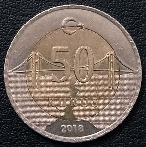 土耳其2018年50库鲁双色币,23.85mm,三幺幺外国硬币收藏亚洲钱