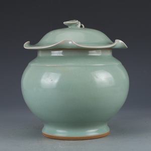 宋龙泉窑粉青釉荷叶盖罐 仿古瓷器古董古玩老货收藏真品