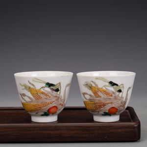 民国瓷器静远堂款粉彩玉米纹杯一对古董古玩旧货老货收藏真品摆件