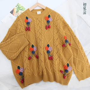 2021新 熊姑娘森女系甜美手工钩花立体小草莓圆领套头毛衣女5570