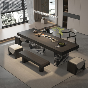 现代轻奢实木茶桌 设计师款高端大理石黑白花餐台 新中式岩板茶台