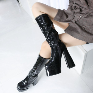 大粗跟 恨天高 高筒靴漆皮超高跟鞋夜店性感钢管舞男生大码15公分