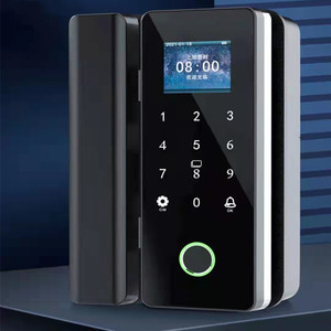 玻璃门指纹锁密码考勤门禁一体机双开门免开孔机械钥匙刷卡智能锁