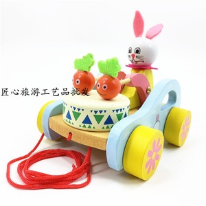 新款木制小白兔子拉车打鼓卡通动物宝宝拖动学步玩具车益智玩具