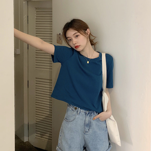 复古短装上衣配高腰短袖夏天雾霾蓝t恤女正肩短款阔腿裤卡腰小衫