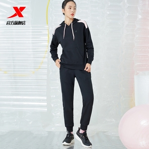 特步运动套装女2022春冬季新款加绒保暖连帽卫衣运动裤休闲套装