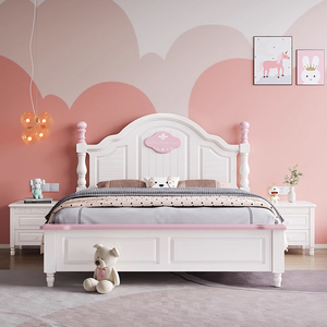儿童床女孩公主床简约美式实木床奶油风田园风格白色单人床1.2米