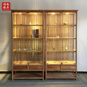 老榆木免漆玻璃书酒茶叶展示立柜中式实木带锁储置物陈列货架定做