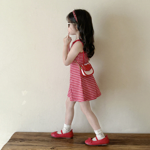 夏款童装女童中大童新款显白红色格子系绳吊带连衣裙时髦吊带裙子