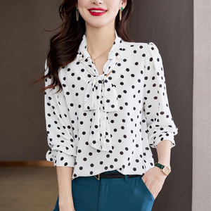 黄金杉旗舰店天猫波点雪纺衬衫女士上衣春夏装2022年新款蝴蝶结高级