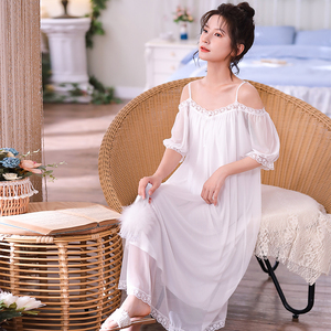 性感露肩睡裙女夏季长款蕾丝吊带宫廷公主无袖网纱纯欲风白色睡衣