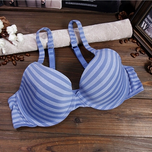 a4 外贸欧美女内衣 蓝色光面胸罩 爽滑聚拢薄款条纹文胸75a-85d