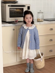 女童复古提花针织外套韩版2024春季新品儿童纯色长袖毛线开衫上衣