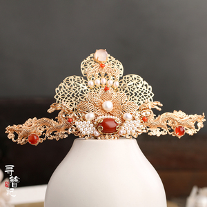 寻簪记原创手工汉服唐风百搭发冠花钿仿花丝明制钿子头饰采明珠