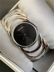 现货美国calvin klein ck银色镂空不锈钢手镯款简约黑盘女士手表