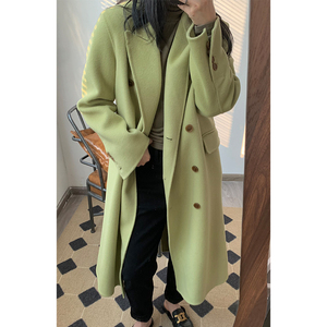 牛油果色双面羊绒大衣女春装新款双排扣澳毛加厚气质显瘦毛呢外套
