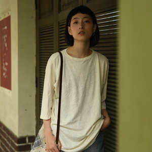 56喵小茵女装旗舰店天猫短袖棉麻t恤女2021春夏新款盘扣v领宽松刺绣