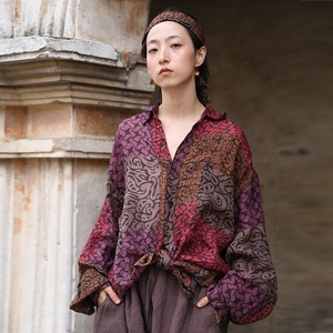 左岸迷香原创设计亚麻花衬衫  轻薄舒适休闲上衣1057