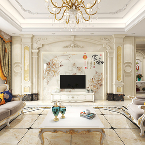 欧式岩板电视背景墙瓷砖客厅大理石材影视墙微晶石简欧别墅罗马柱