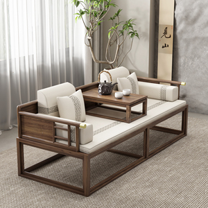 新中式现代沙发实木罗汉床老榆木客厅小户型简约两用推拉床茶桌椅