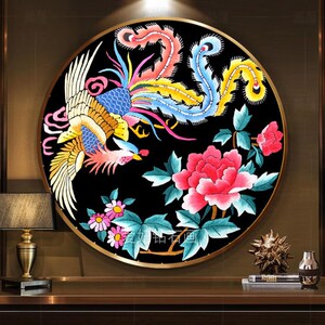 古典中国风diy方钻满钻钻石画圆形凤凰凤穿牡丹图沾钻石绣十字绣
